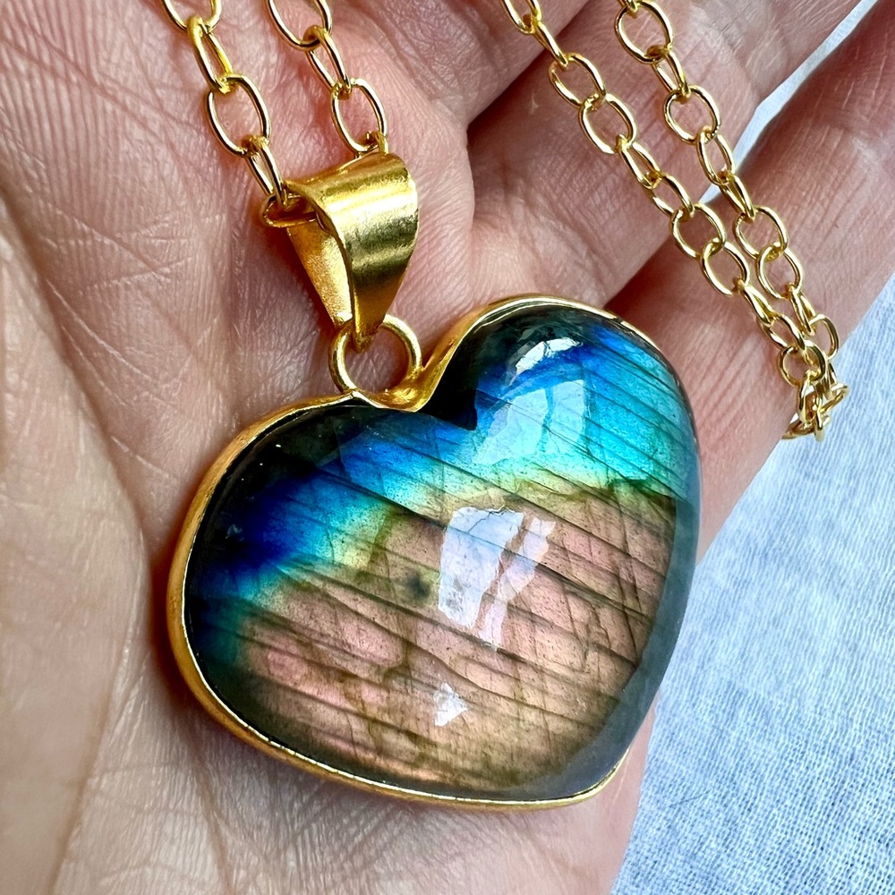 18k Gold Overlay FLASH LABRADORITE Heart ❤️ Necklace Pendant